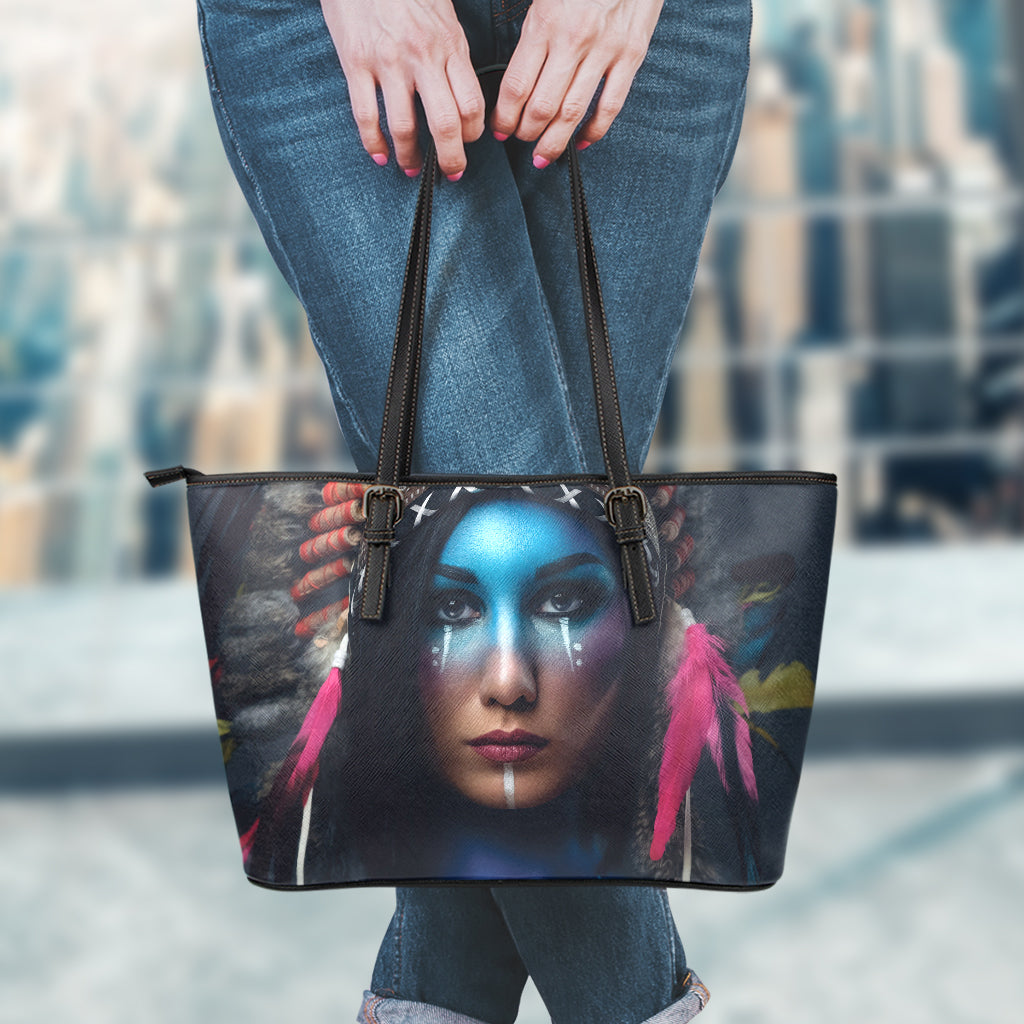 Native Indian Woman Portrait Print Leather Tote Bag