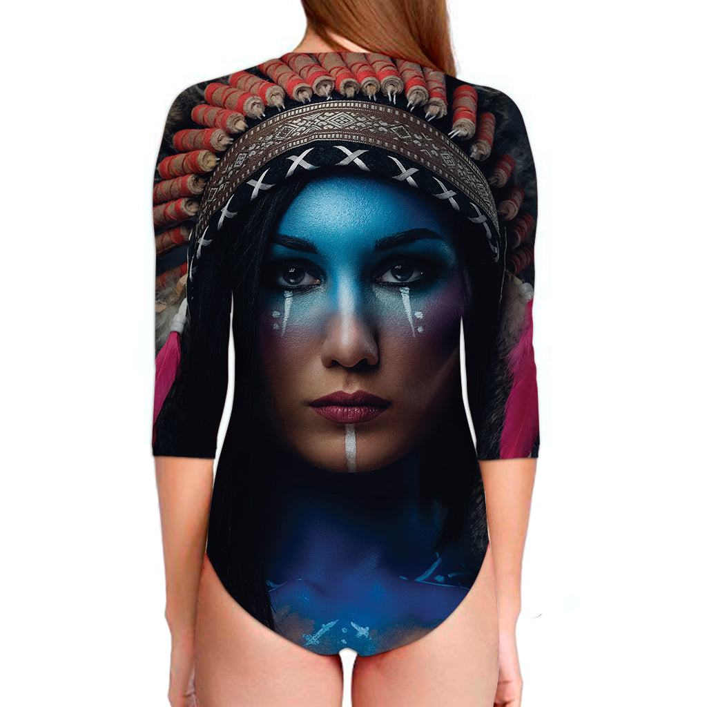 Native Indian Woman Portrait Print Long Sleeve Swimsuit