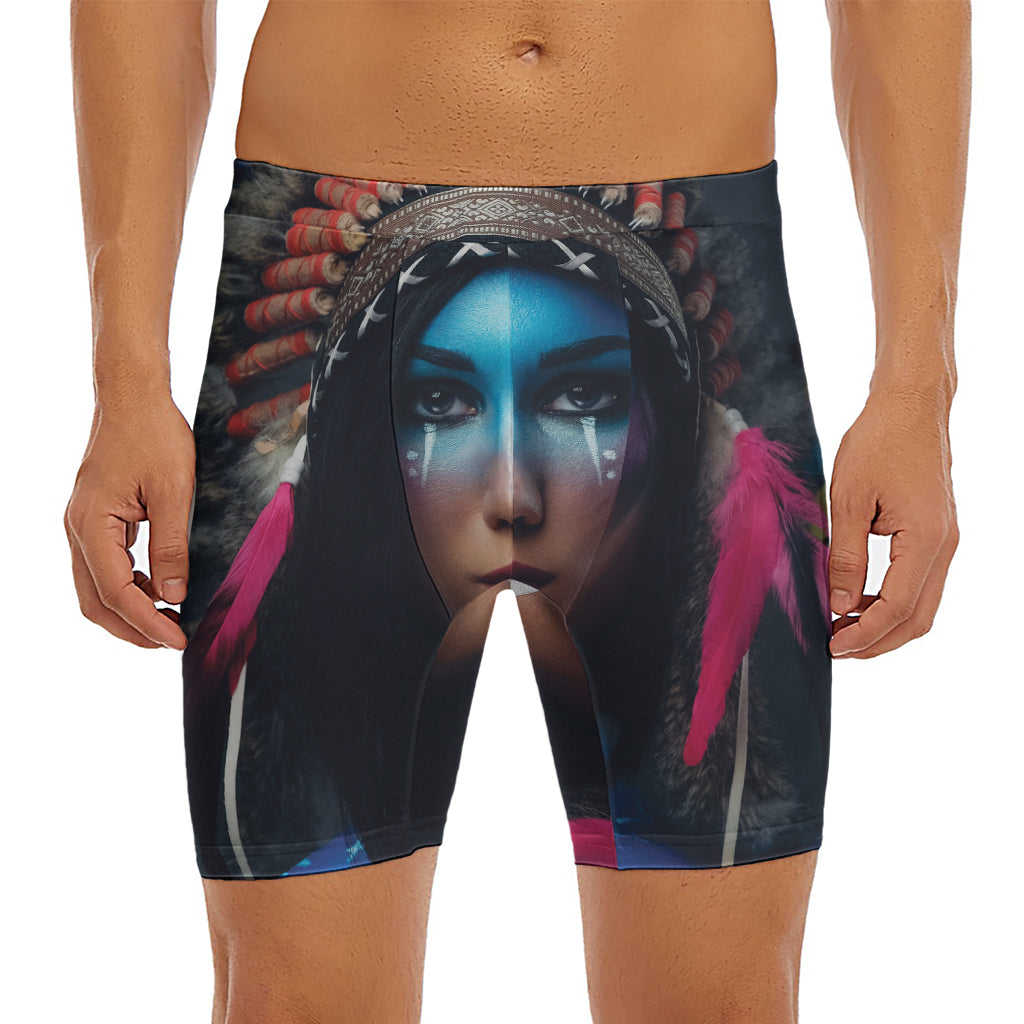 Native Indian Woman Portrait Print Men's Long Boxer Briefs