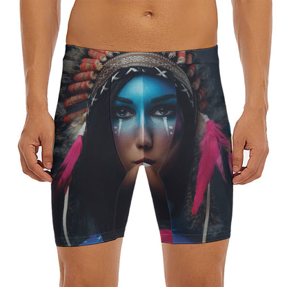 Native Indian Woman Portrait Print Men's Long Boxer Briefs