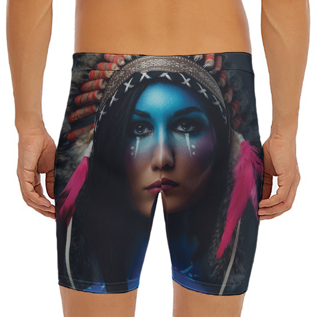 Native Indian Woman Portrait Print Men's Long Boxer Briefs