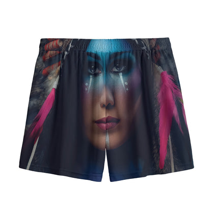 Native Indian Woman Portrait Print Mesh Shorts