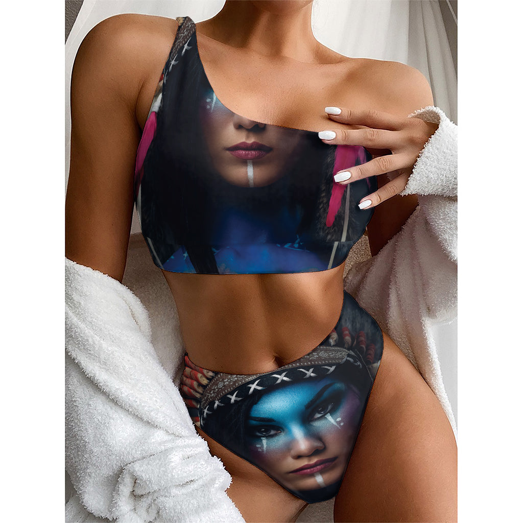 Native Indian Woman Portrait Print One Shoulder Bikini Top