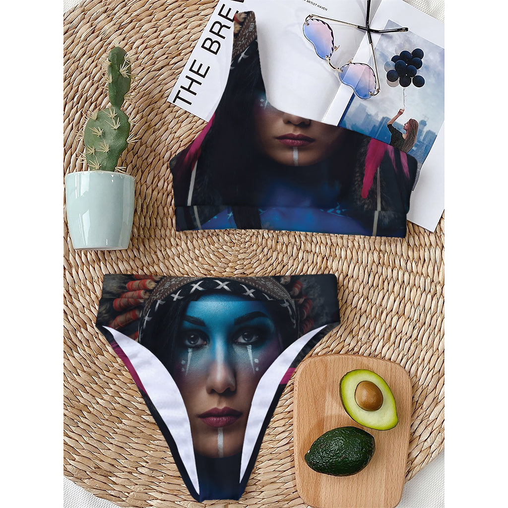 Native Indian Woman Portrait Print One Shoulder Bikini Top