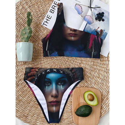 Native Indian Woman Portrait Print One Shoulder Bikini Top