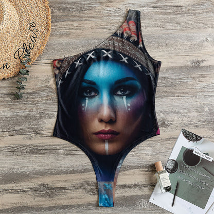 Native Indian Woman Portrait Print One Shoulder Bodysuit