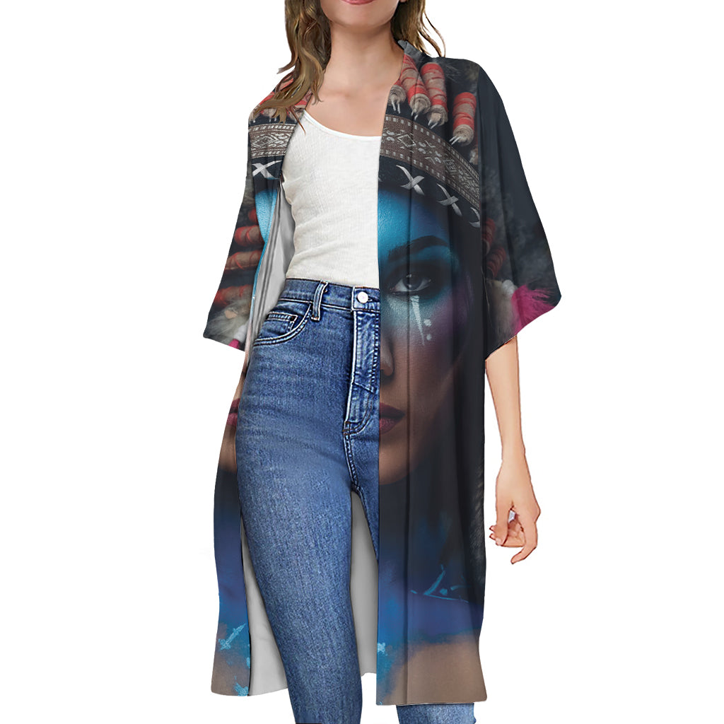 Native Indian Woman Portrait Print Open Front Beach Cover Up