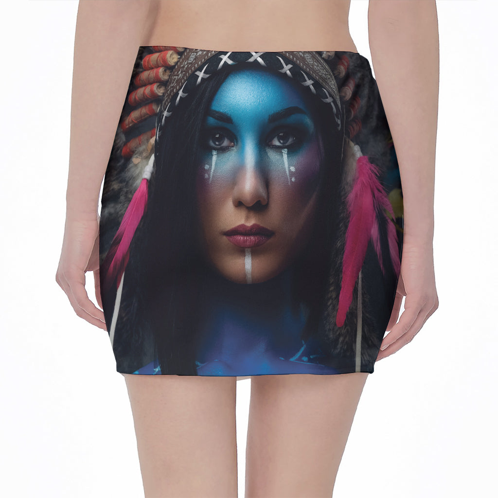 Native Indian Woman Portrait Print Pencil Mini Skirt