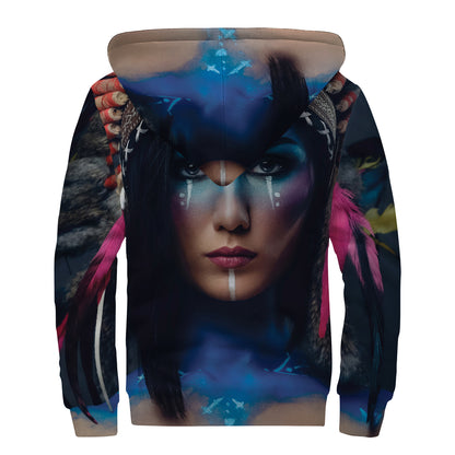 Native Indian Woman Portrait Print Sherpa Lined Zip Up Hoodie