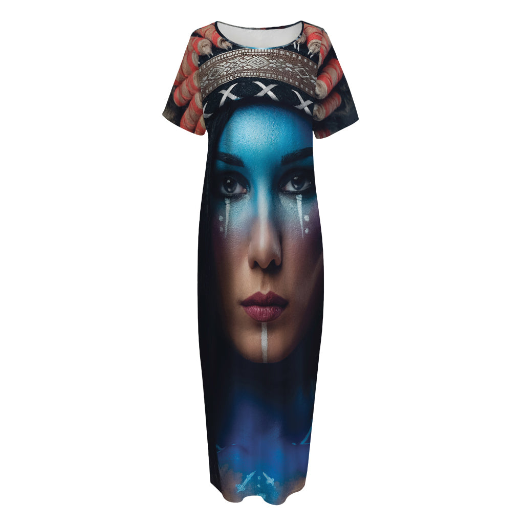 Native Indian Woman Portrait Print Short Sleeve Long Nightdress