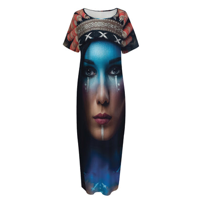 Native Indian Woman Portrait Print Short Sleeve Long Nightdress