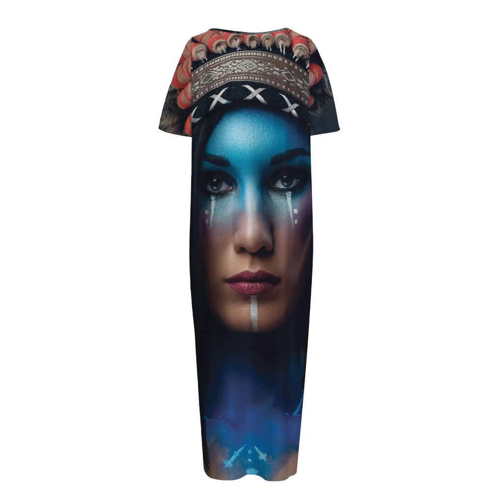 Native Indian Woman Portrait Print Short Sleeve Long Nightdress