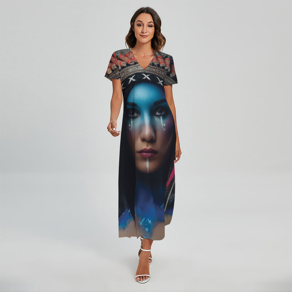 Native Indian Woman Portrait Print Short Sleeve Maxi Dress