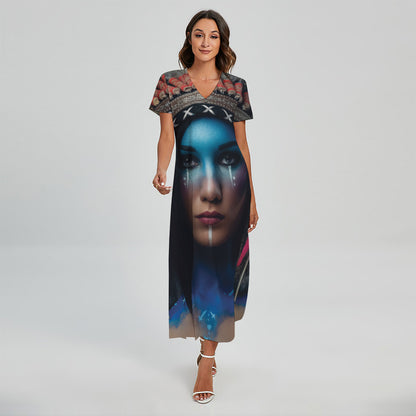 Native Indian Woman Portrait Print Short Sleeve Maxi Dress