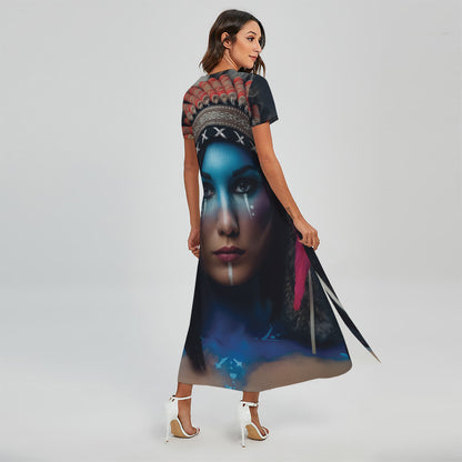 Native Indian Woman Portrait Print Short Sleeve Maxi Dress
