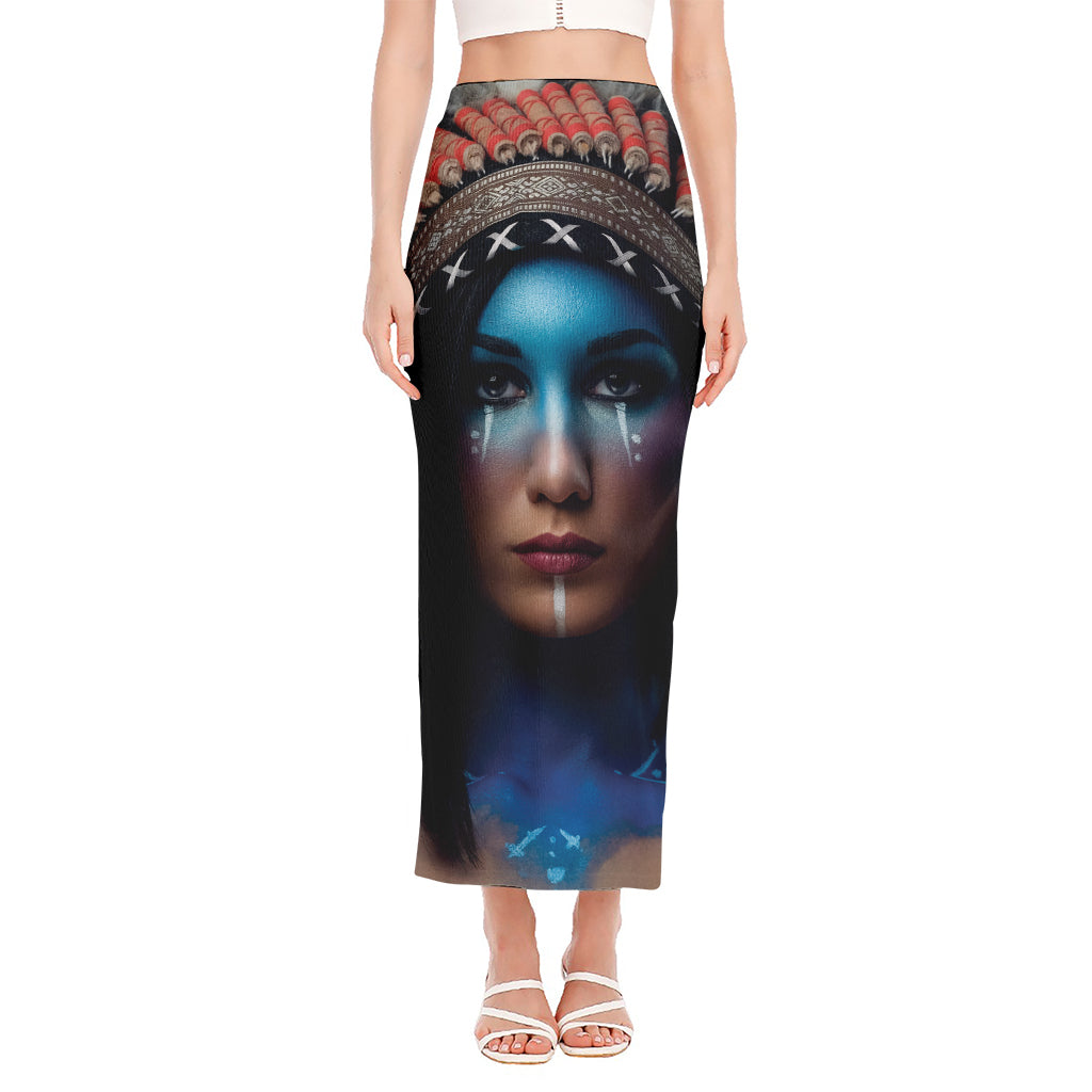 Native Indian Woman Portrait Print Side Slit Maxi Skirt