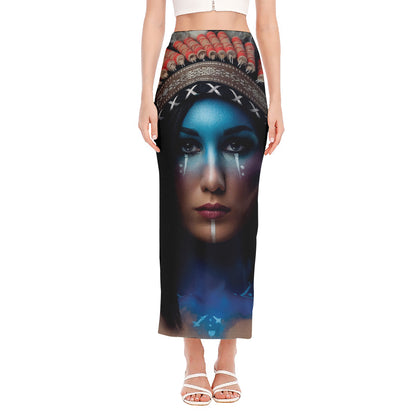 Native Indian Woman Portrait Print Side Slit Maxi Skirt