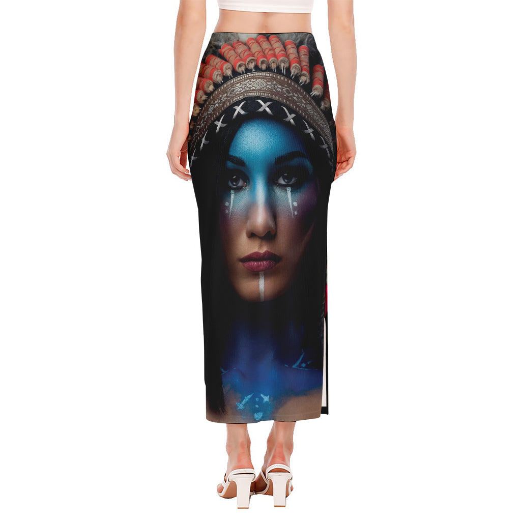 Native Indian Woman Portrait Print Side Slit Maxi Skirt