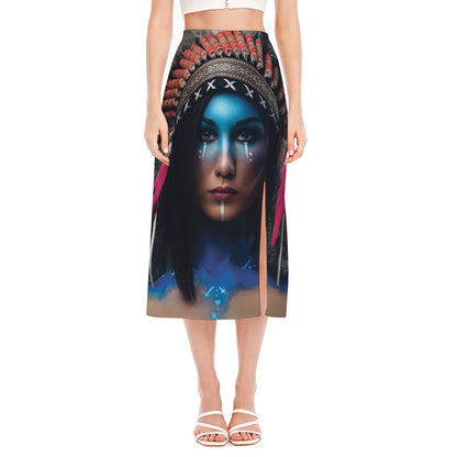 Native Indian Woman Portrait Print Side Slit Midi Skirt