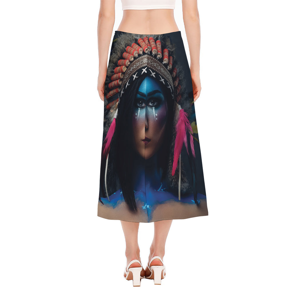 Native Indian Woman Portrait Print Side Slit Midi Skirt