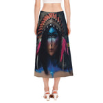 Native Indian Woman Portrait Print Side Slit Midi Skirt
