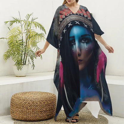 Native Indian Woman Portrait Print Silk V-Neck Kaftan Dress
