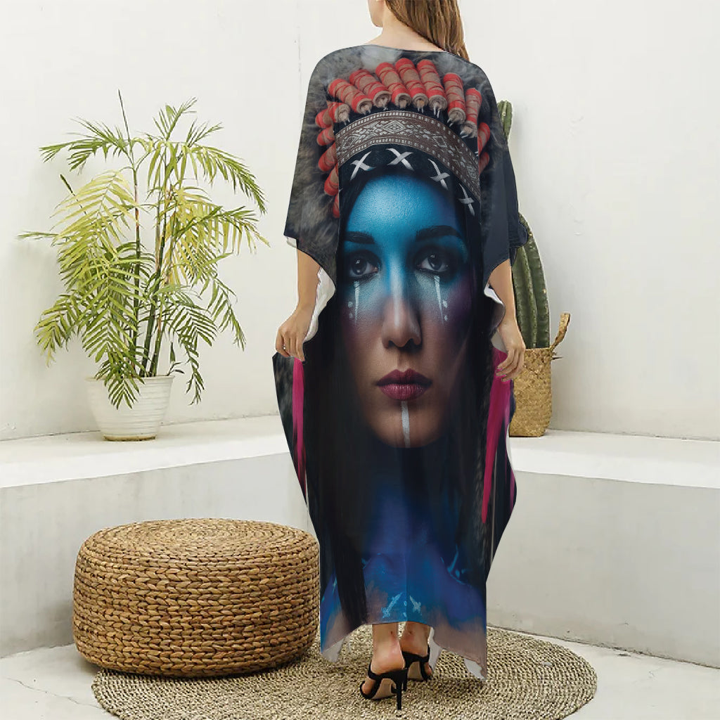 Native Indian Woman Portrait Print Silk V-Neck Kaftan Dress