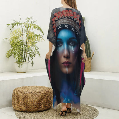 Native Indian Woman Portrait Print Silk V-Neck Kaftan Dress