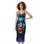 Native Indian Woman Portrait Print Slim Fit Midi Cami Dress