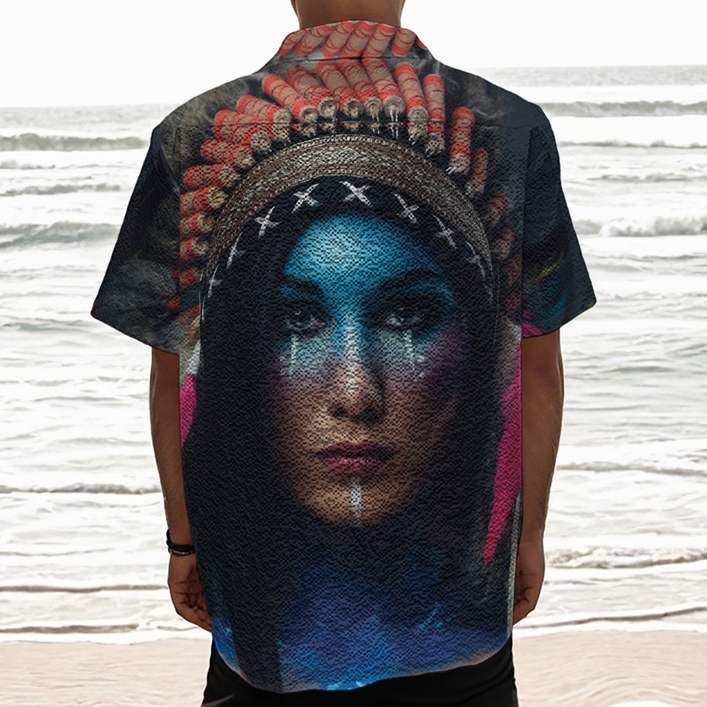 Native Indian Woman Portrait Print Textured Short Sleeve Shirt