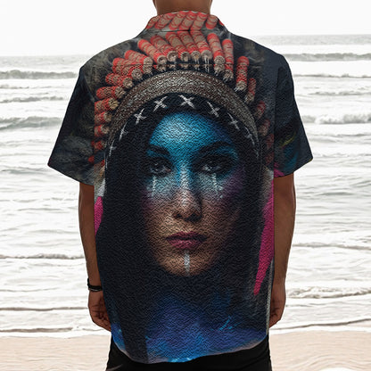 Native Indian Woman Portrait Print Textured Short Sleeve Shirt