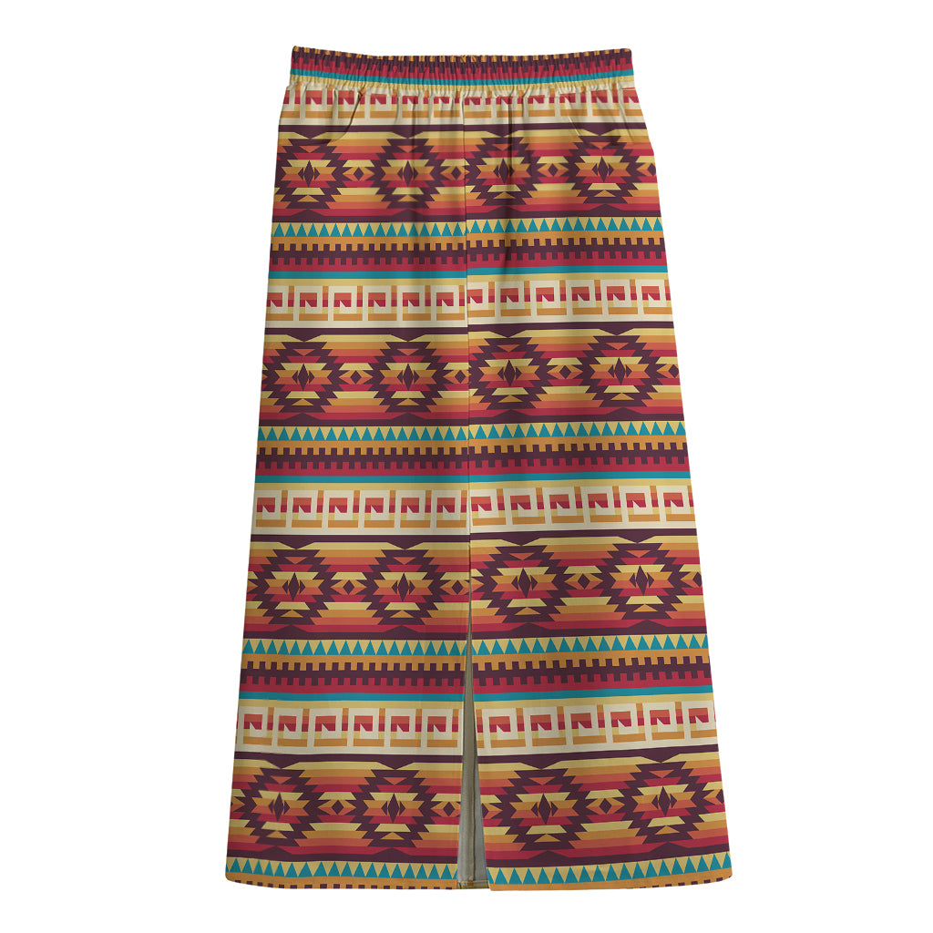 Native Inspired Pattern Print Cotton Front Slit Maxi Skirt