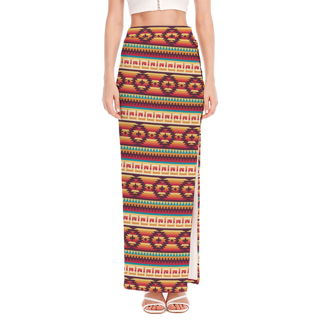 Native Inspired Pattern Print High Slit Maxi Skirt