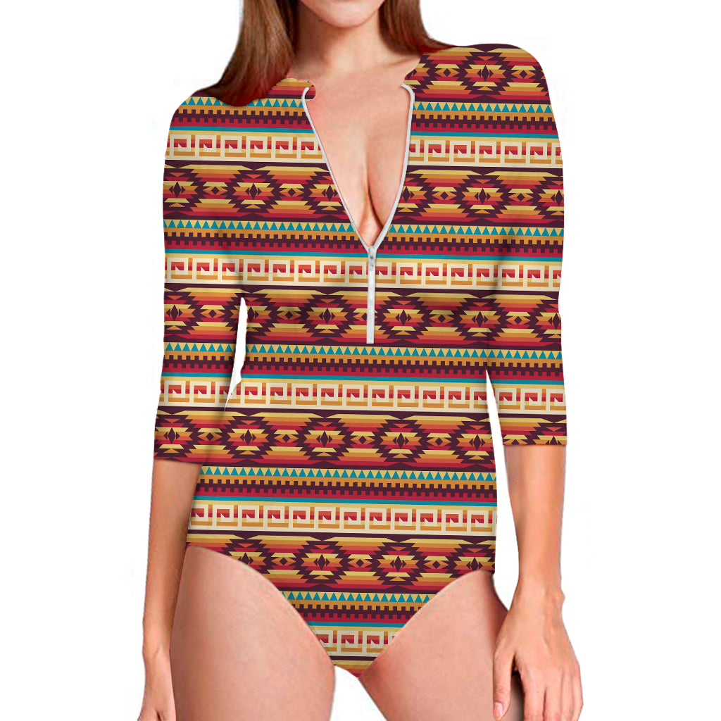 Native Inspired Pattern Print Long Sleeve Swimsuit