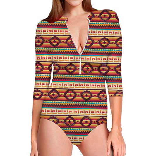Native Inspired Pattern Print Long Sleeve Swimsuit