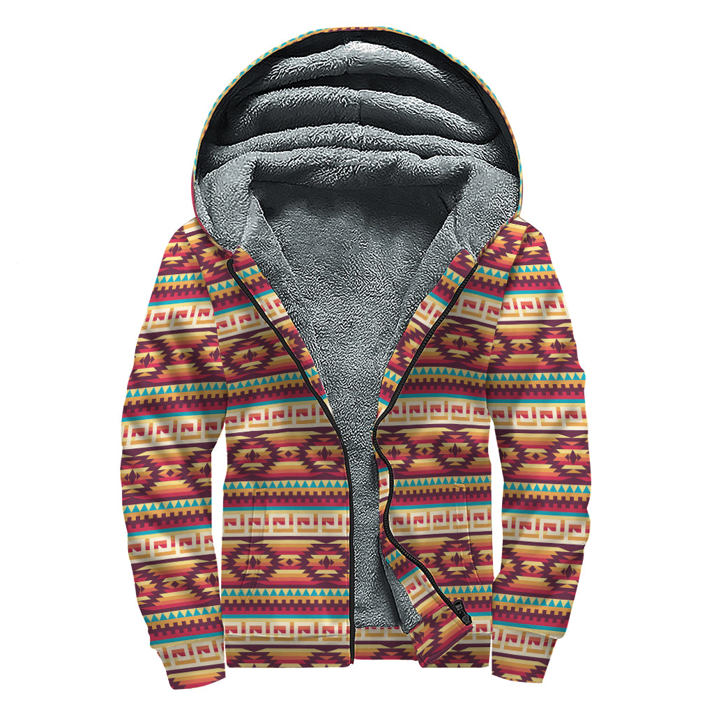 Native Inspired Pattern Print Sherpa Lined Zip Up Hoodie