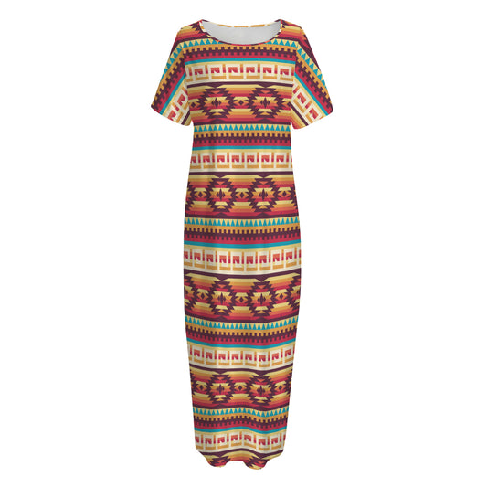 Native Inspired Pattern Print Short Sleeve Long Nightdress