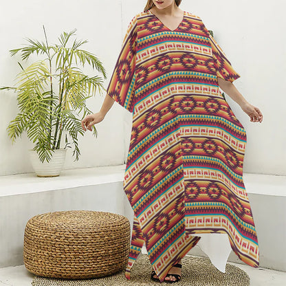 Native Inspired Pattern Print Silk V-Neck Kaftan Dress