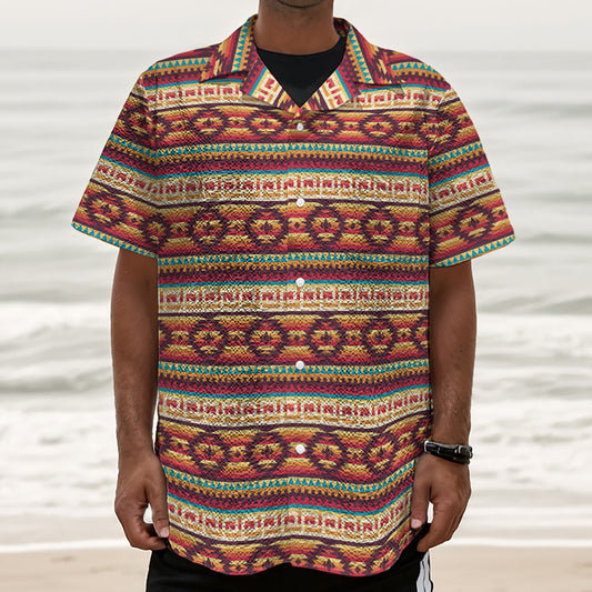 Native Inspired Pattern Print Textured Short Sleeve Shirt