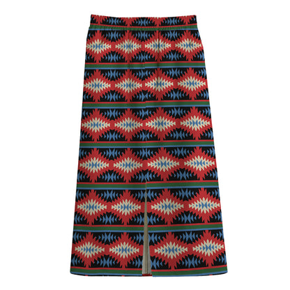 Native Navajo Pattern Print Cotton Front Slit Maxi Skirt