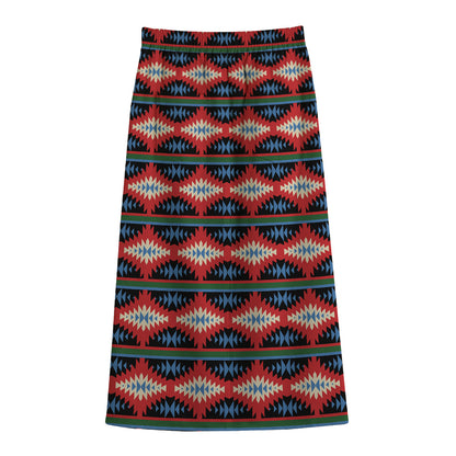 Native Navajo Pattern Print Cotton Front Slit Maxi Skirt