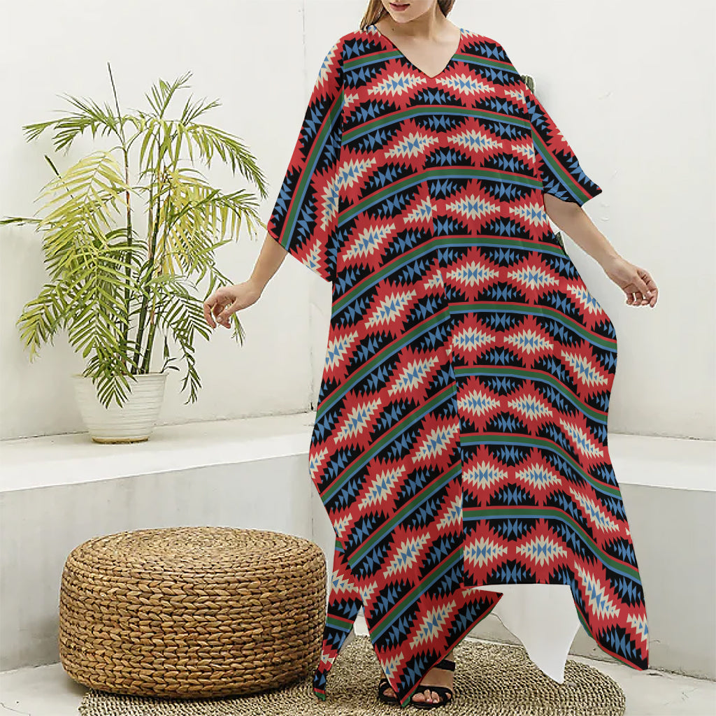 Native Navajo Pattern Print Silk V-Neck Kaftan Dress