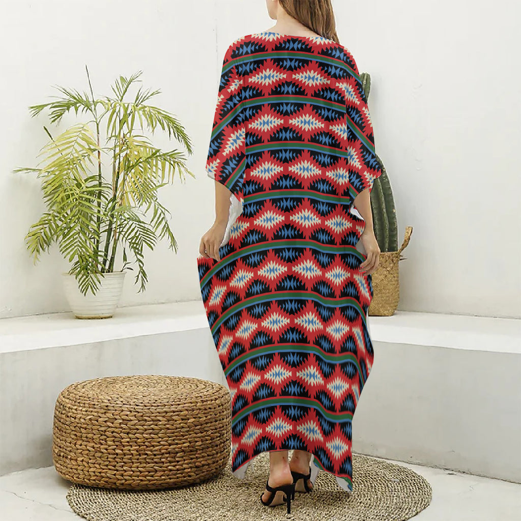 Native Navajo Pattern Print Silk V-Neck Kaftan Dress