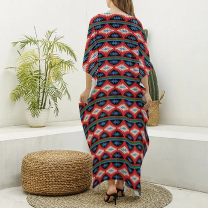 Native Navajo Pattern Print Silk V-Neck Kaftan Dress
