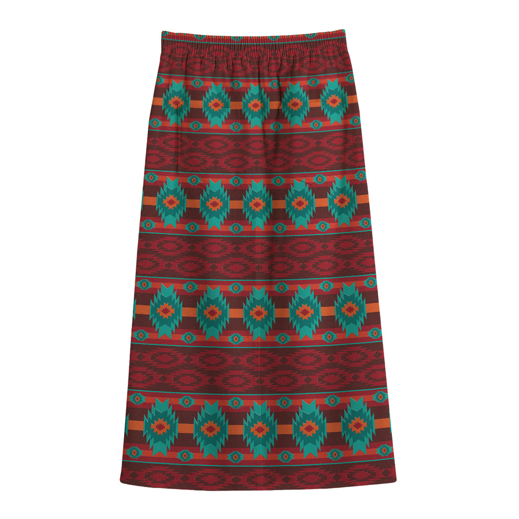 Native Southwestern Pattern Print Cotton Front Slit Maxi Skirt