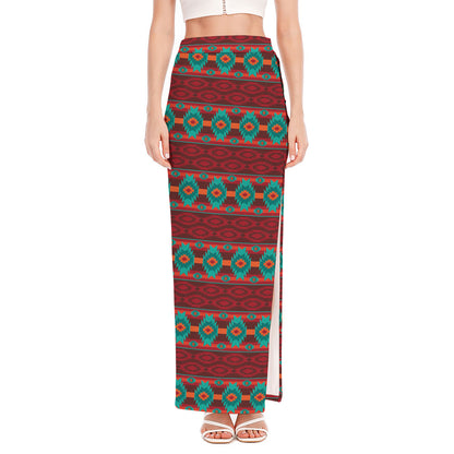 Native Southwestern Pattern Print High Slit Maxi Skirt