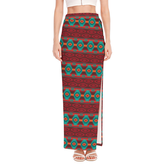 Native Southwestern Pattern Print High Slit Maxi Skirt