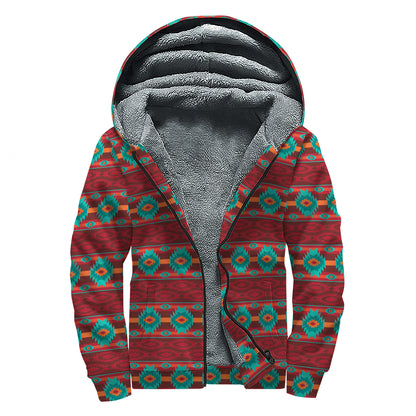 Native Southwestern Pattern Print Sherpa Lined Zip Up Hoodie