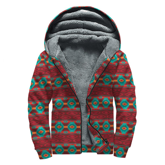Native Southwestern Pattern Print Sherpa Lined Zip Up Hoodie