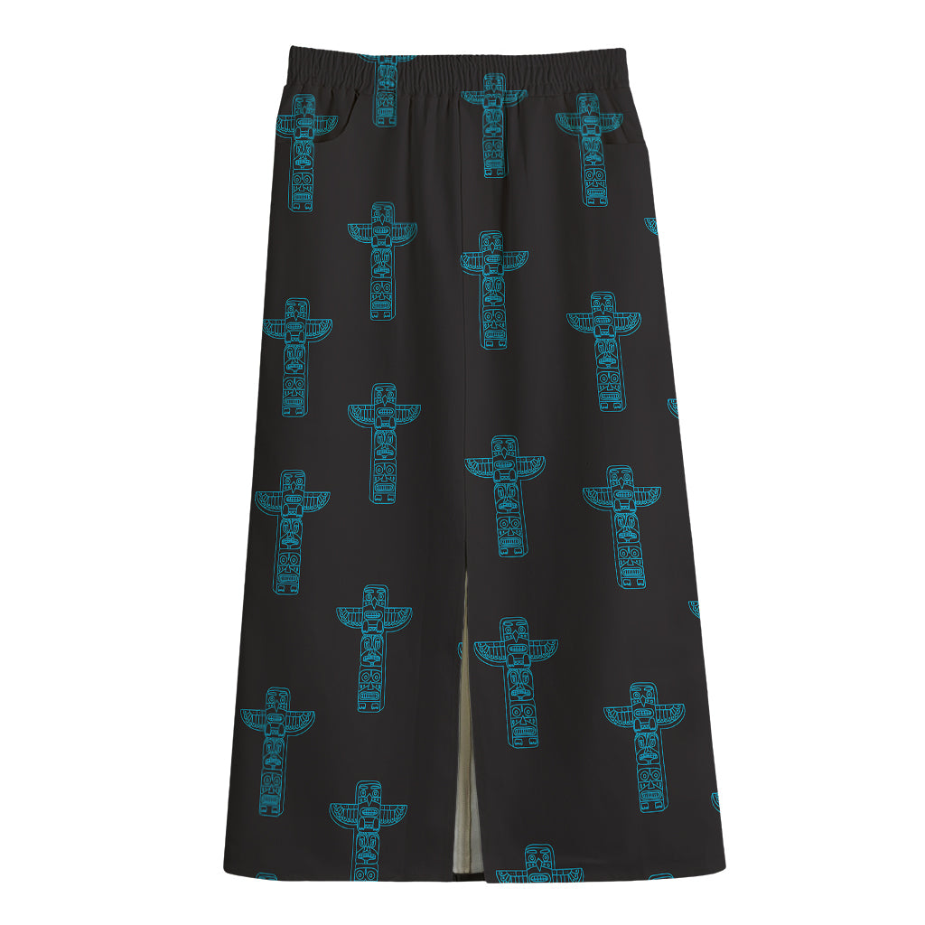 Native Totem Pattern Print Cotton Front Slit Maxi Skirt